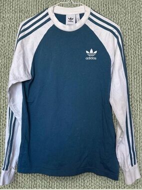 adidas Blue and White Long Sleeve Raglan Crew Tee